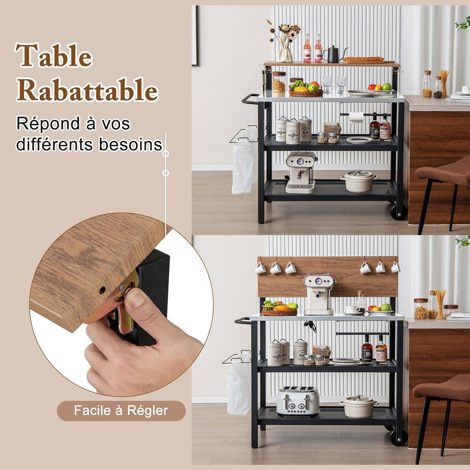 Costway - Desserte Extérieure à roulettes avec Table Rabattable, Chariot Service de Cuisine à 3 Étagères - Image 7