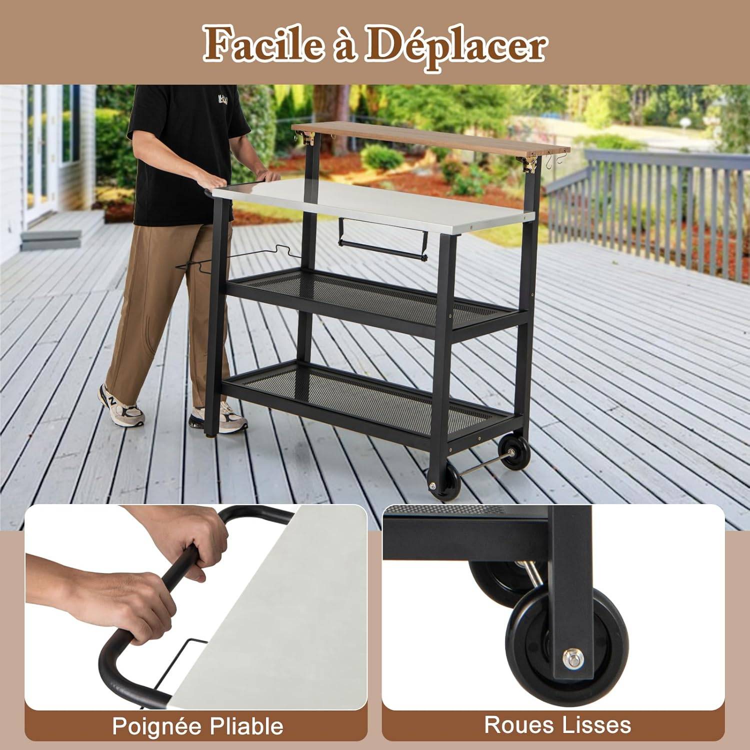 Costway - Desserte Extérieure à roulettes avec Table Rabattable, Chariot Service de Cuisine à 3 Étagères - Image 8