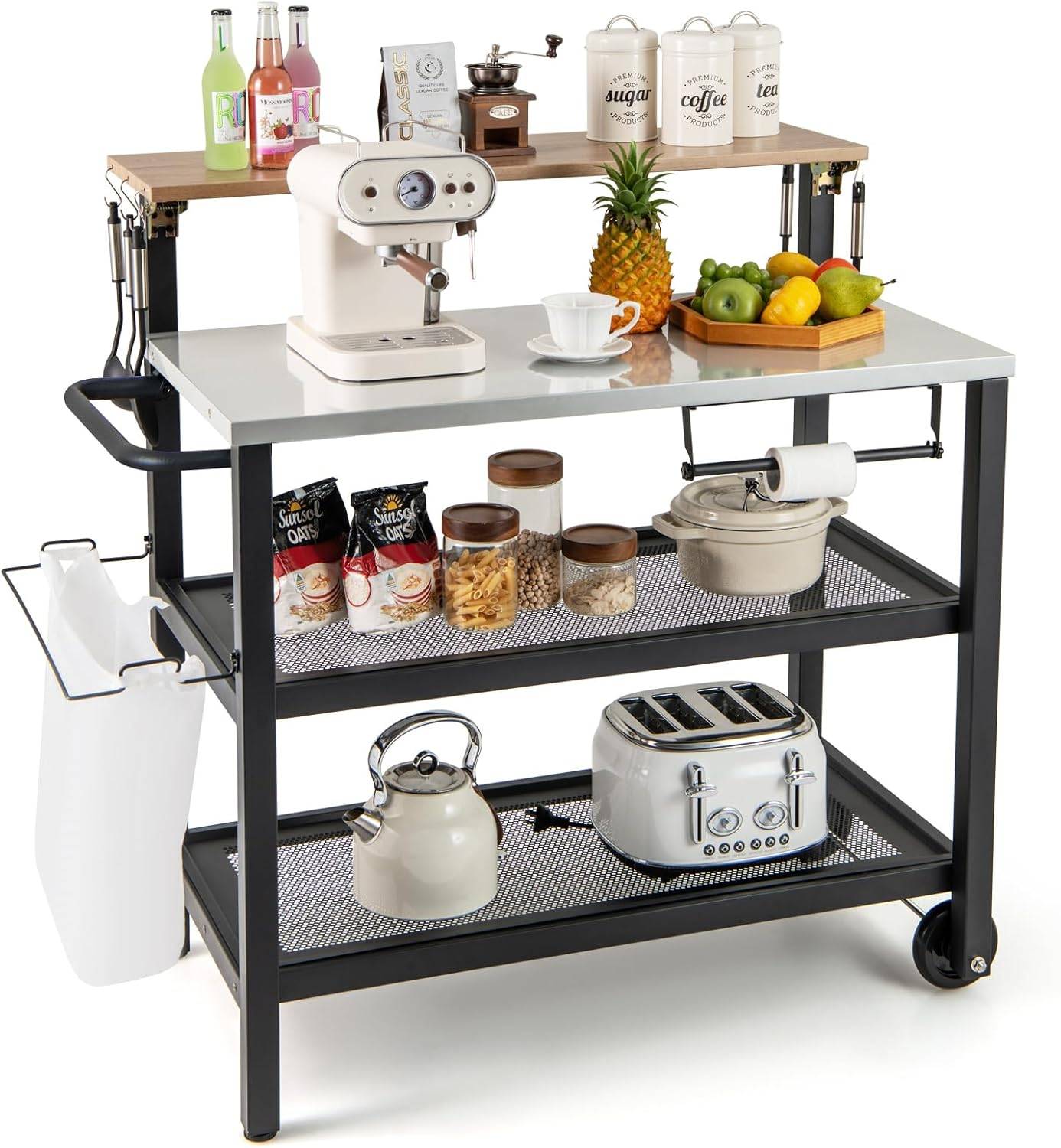 Costway - Desserte Extérieure à roulettes avec Table Rabattable, Chariot Service de Cuisine à 3 Étagères - Image 1