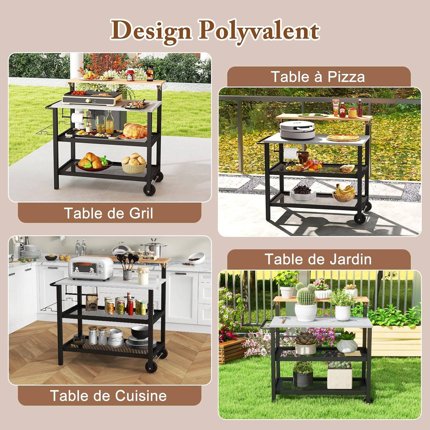 Costway - Desserte Extérieure à roulettes avec Table Rabattable, Chariot Service de Cuisine à 3 Étagères - Image 9