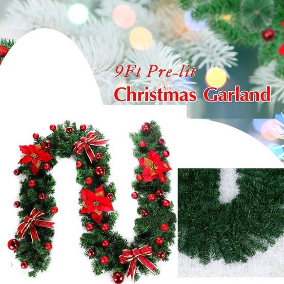 Guirlande de Noël artificielle avec lumières, 2,7 m, cheminées, escaliers, guirlandes décorées, sapin de Noël, décoration festive (rouge) - Image 4