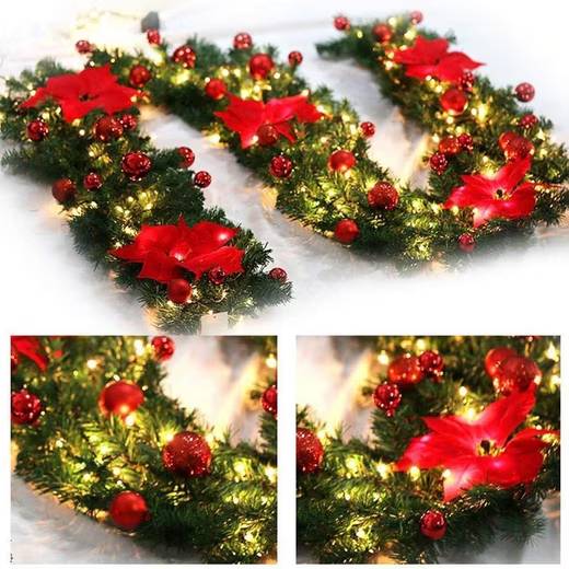 Guirlande de Noël artificielle avec lumières, 2,7 m, cheminées, escaliers, guirlandes décorées, sapin de Noël, décoration festive (rouge) - Image 3