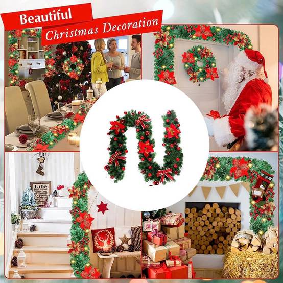 Guirlande de Noël artificielle avec lumières, 2,7 m, cheminées, escaliers, guirlandes décorées, sapin de Noël, décoration festive (rouge) - Image 5