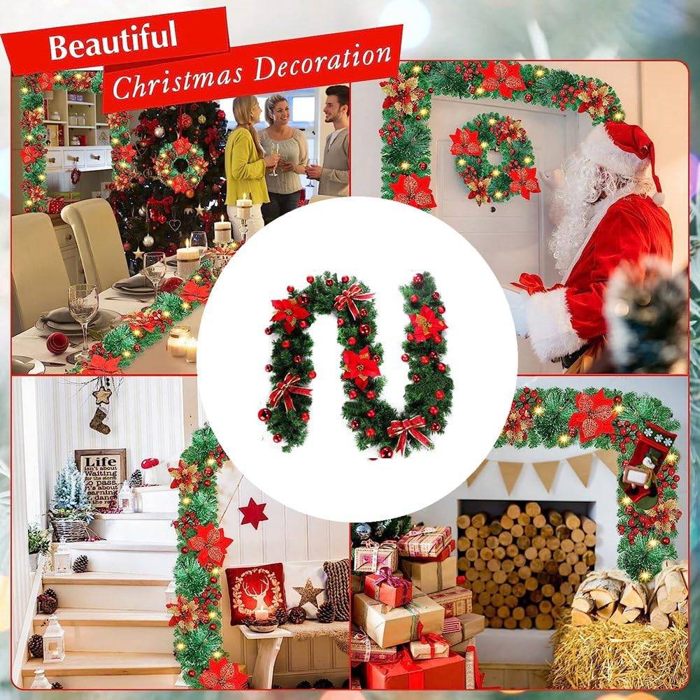 Guirlande de Noël artificielle avec lumières, 2,7 m, cheminées, escaliers, guirlandes décorées, sapin de Noël, décoration festive (rouge) - Image 5