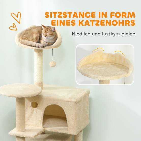 Arbre à Chat 140cm Sisal Hamac Niche Griffoir Jeu Beige - ComfortXL Outdoor Living - Image 5