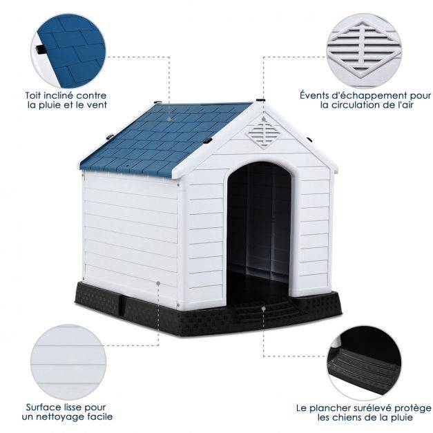 Helloshop26 - Niche pour chien en PP avec toit imperméable et ventilé-bouche d’aération et plancher surélever 70 x 65 x 71,5 cm bleu et blanc - Imagen 3