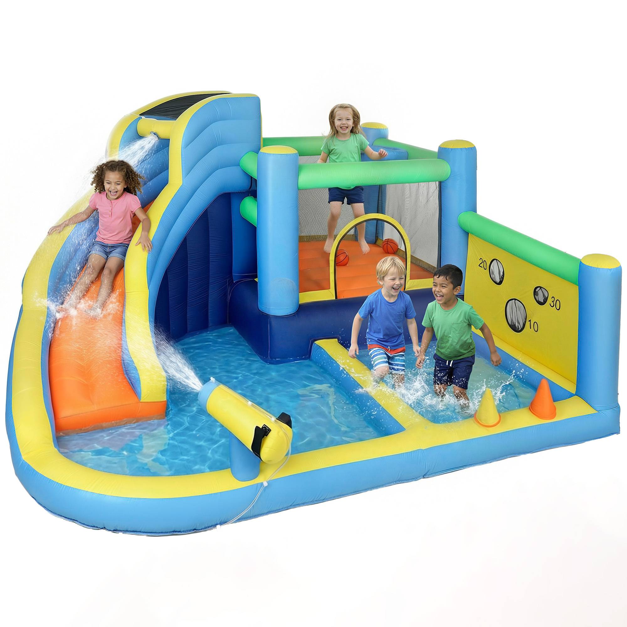 Château gonflable avec souffleur 8 en 1, parc aquatique, toboggan, trampoline, piscine à balles, oxford, multicolore - Image 1