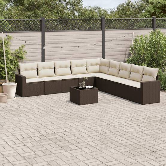 Salon de jardin bas 10 pcs Résine Tressée Marron avec Table Verre et Rangement – ComfortXL Outdoor Living - Image 1