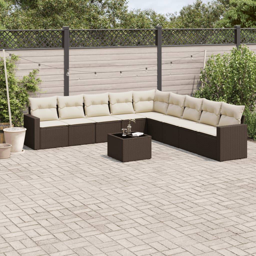 Salon de jardin bas 10 pcs Résine Tressée Marron avec Table Verre et Rangement – ComfortXL Outdoor Living - Image 1