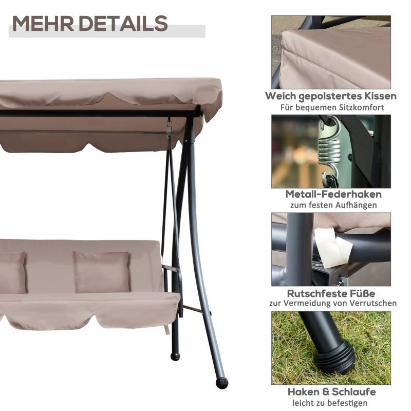 Balancelle de jardin 3 places acier convertible lit toit inclinable 200x125x170cm beige - ComfortXL Outdoor Living - Image 5