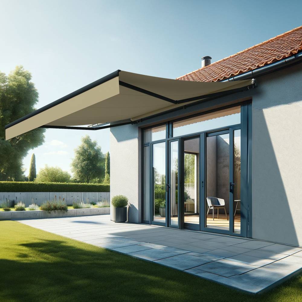 Store banne monobloc ESPAI 4,00x3,50m (Motorisé à télécommande + manœuvre de secours - Ecru - Gris anthracite) - Alia Productions - Imagen 1
