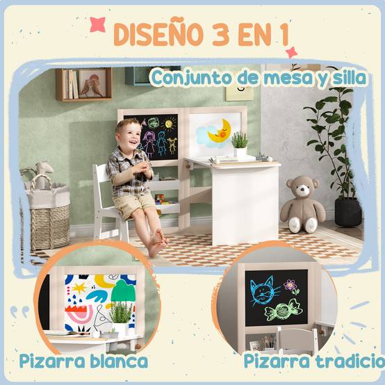 Table enfant avec chaise et chevalet pliable, +3 ans avec étagères et rouleau papier, blanc - Image 6