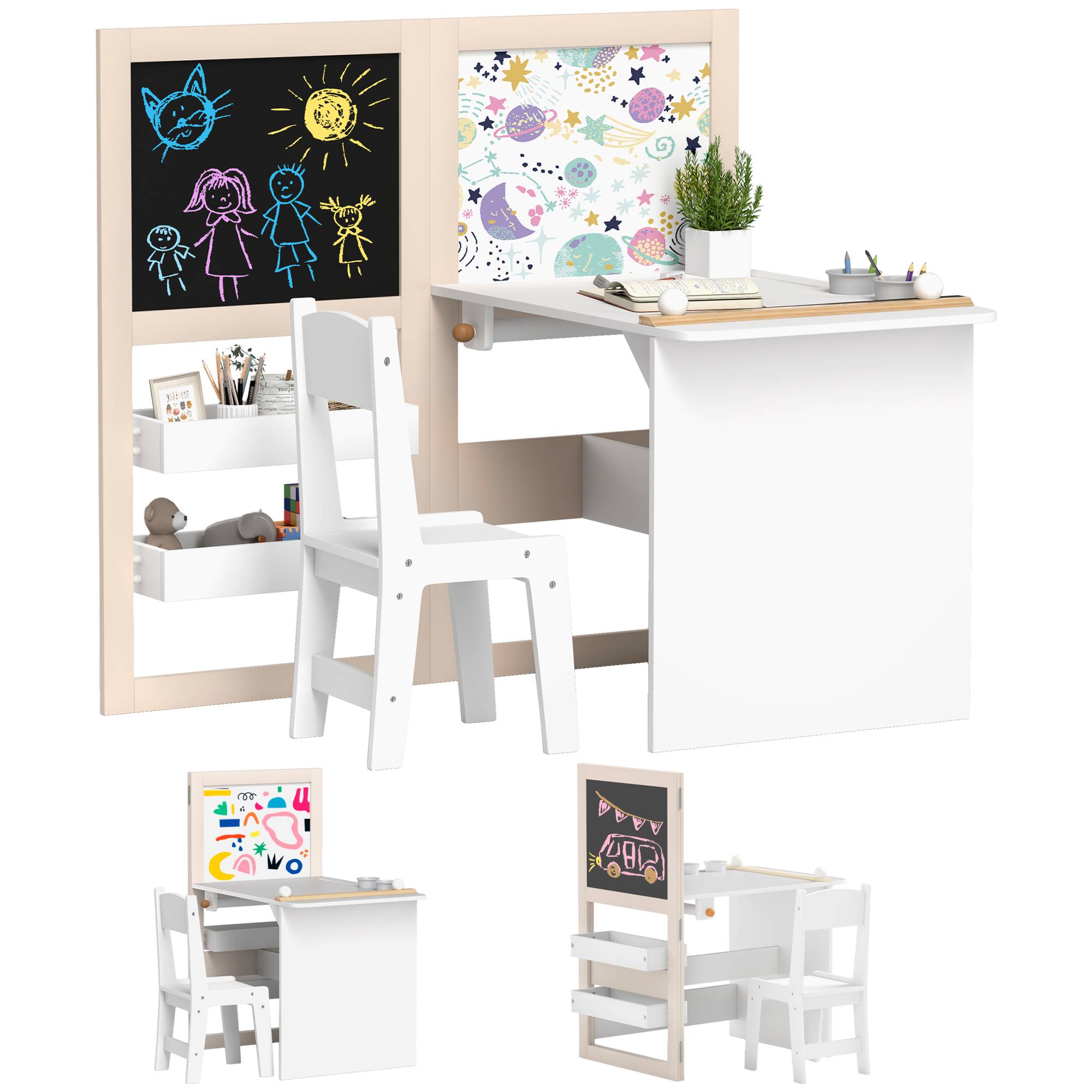Table enfant avec chaise et chevalet pliable, +3 ans avec étagères et rouleau papier, blanc - Image 1