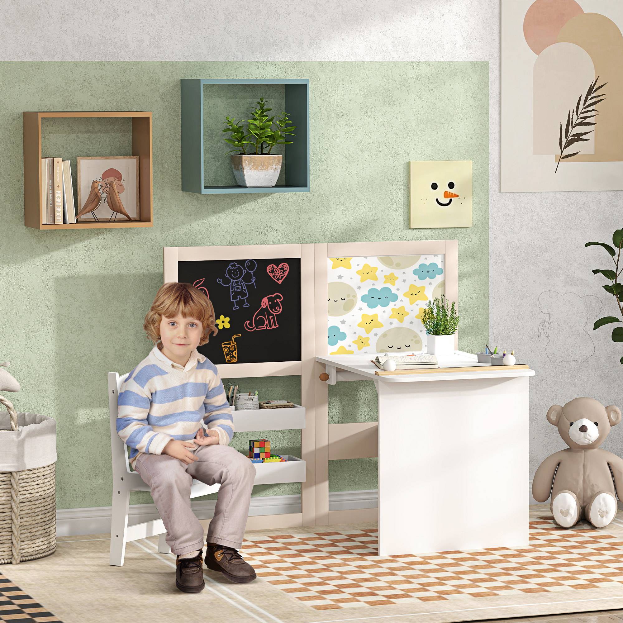 Table enfant avec chaise et chevalet pliable, +3 ans avec étagères et rouleau papier, blanc - Image 3