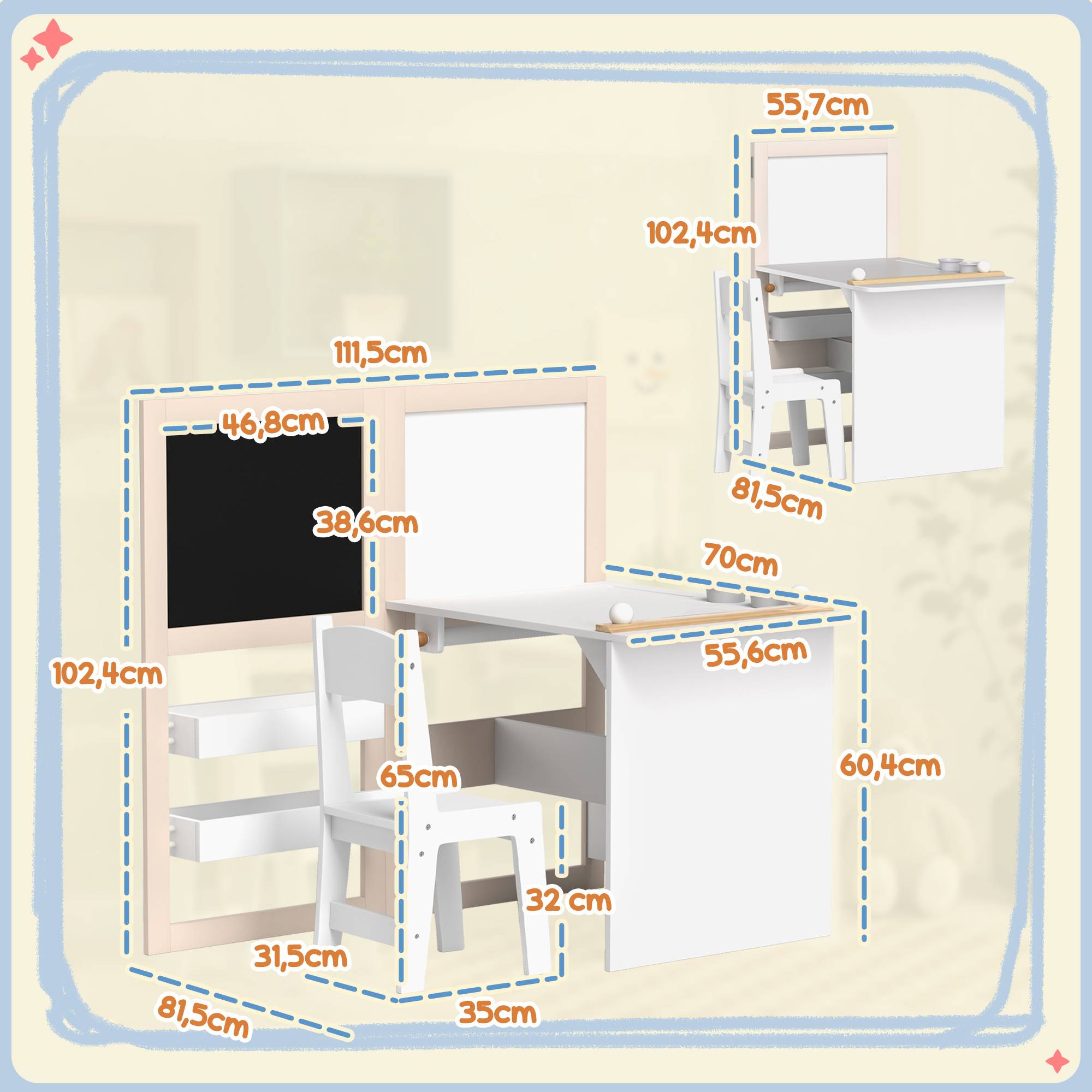 Table enfant avec chaise et chevalet pliable, +3 ans avec étagères et rouleau papier, blanc - Image 5