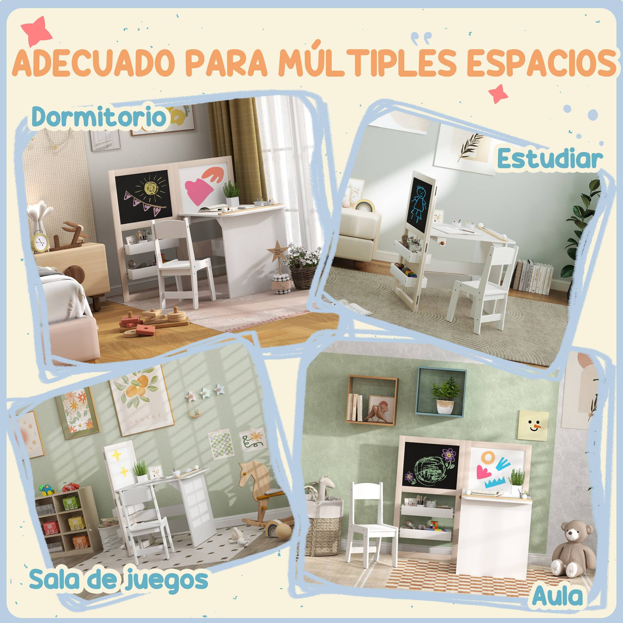 Table enfant avec chaise et chevalet pliable, +3 ans avec étagères et rouleau papier, blanc - Image 10