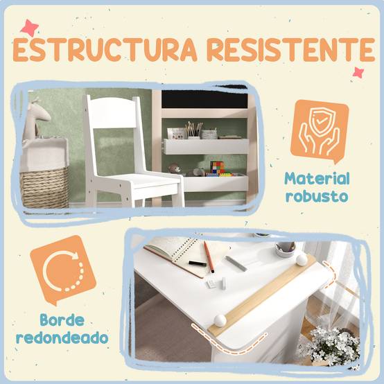 Table enfant avec chaise et chevalet pliable, +3 ans avec étagères et rouleau papier, blanc - Image 9
