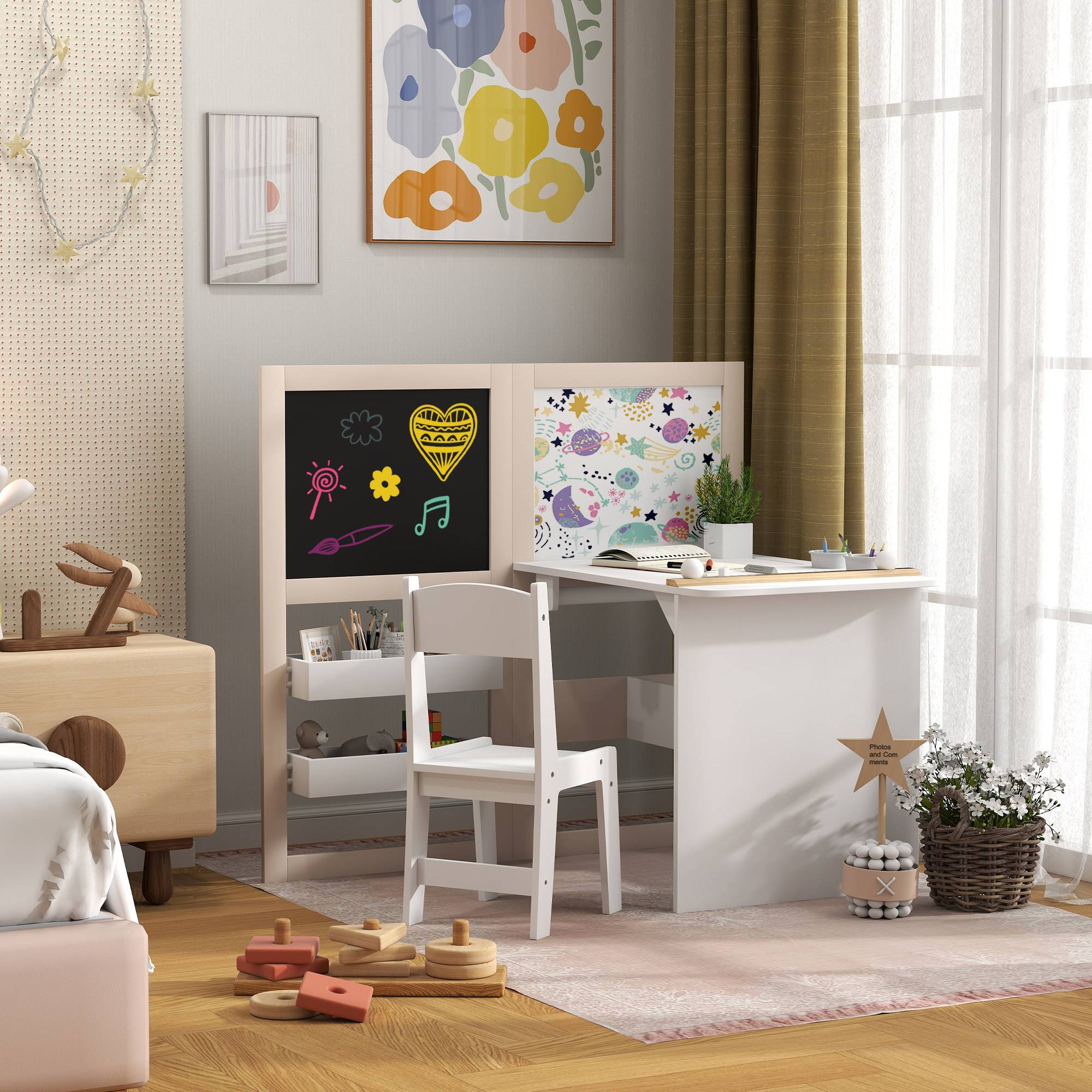 Table enfant avec chaise et chevalet pliable, +3 ans avec étagères et rouleau papier, blanc - Image 4