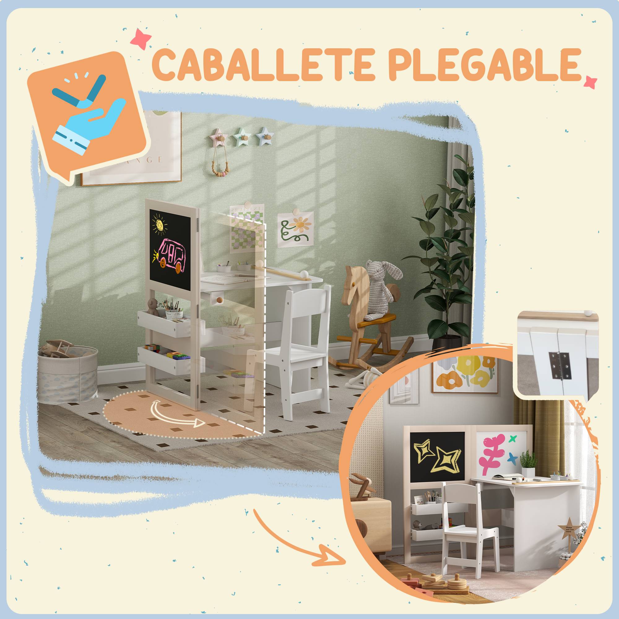 Table enfant avec chaise et chevalet pliable, +3 ans avec étagères et rouleau papier, blanc - Image 7