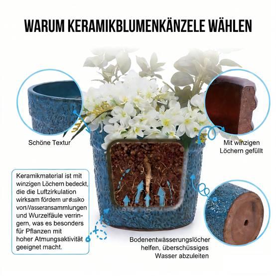 Ensemble de 3 pots de fleurs en céramique avec finition bleu antique, Ø 38,1/30,5/22,9 cm - PANGIVO - Image 9