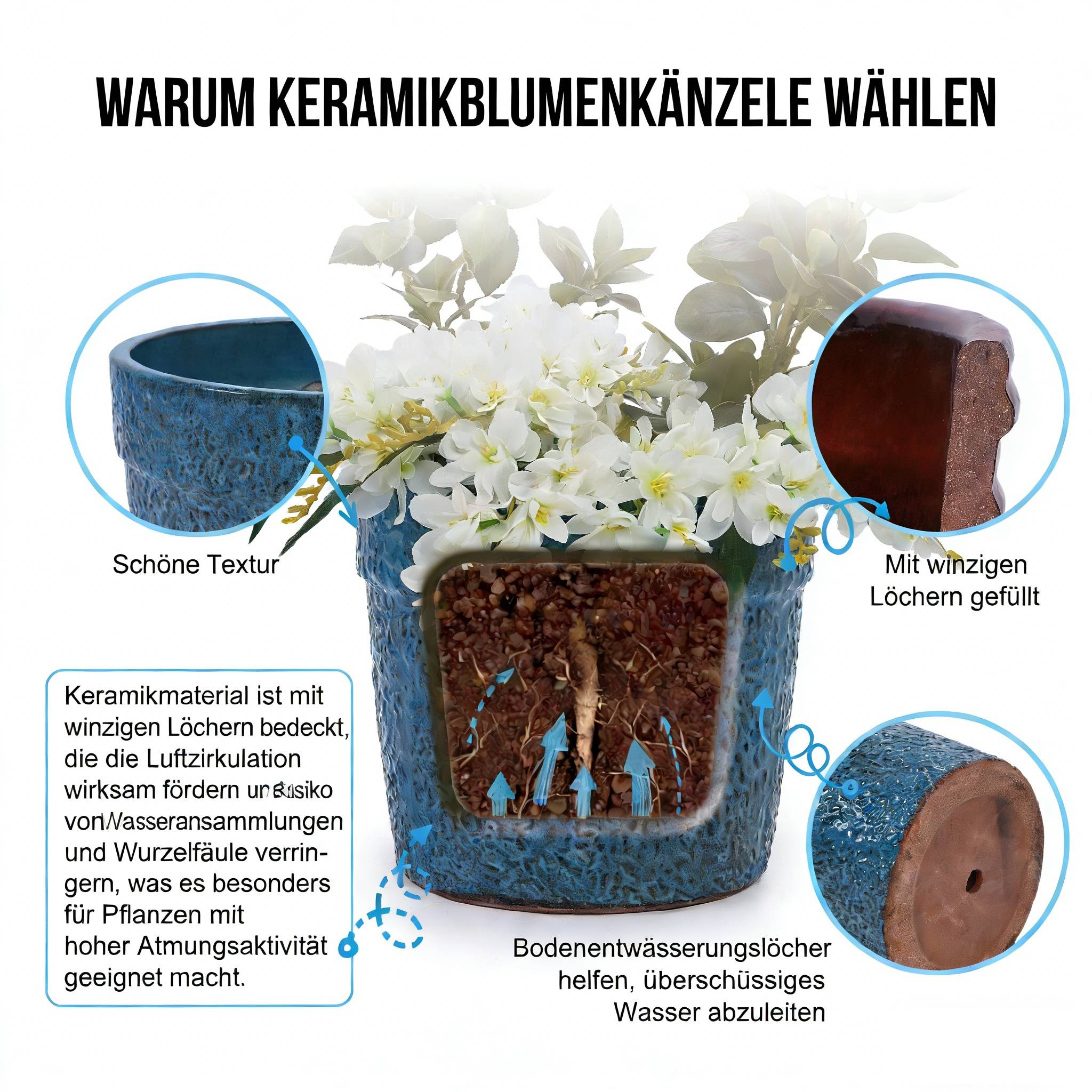 Ensemble de 3 pots de fleurs en céramique avec finition bleu antique, Ø 38,1/30,5/22,9 cm - PANGIVO - Image 9