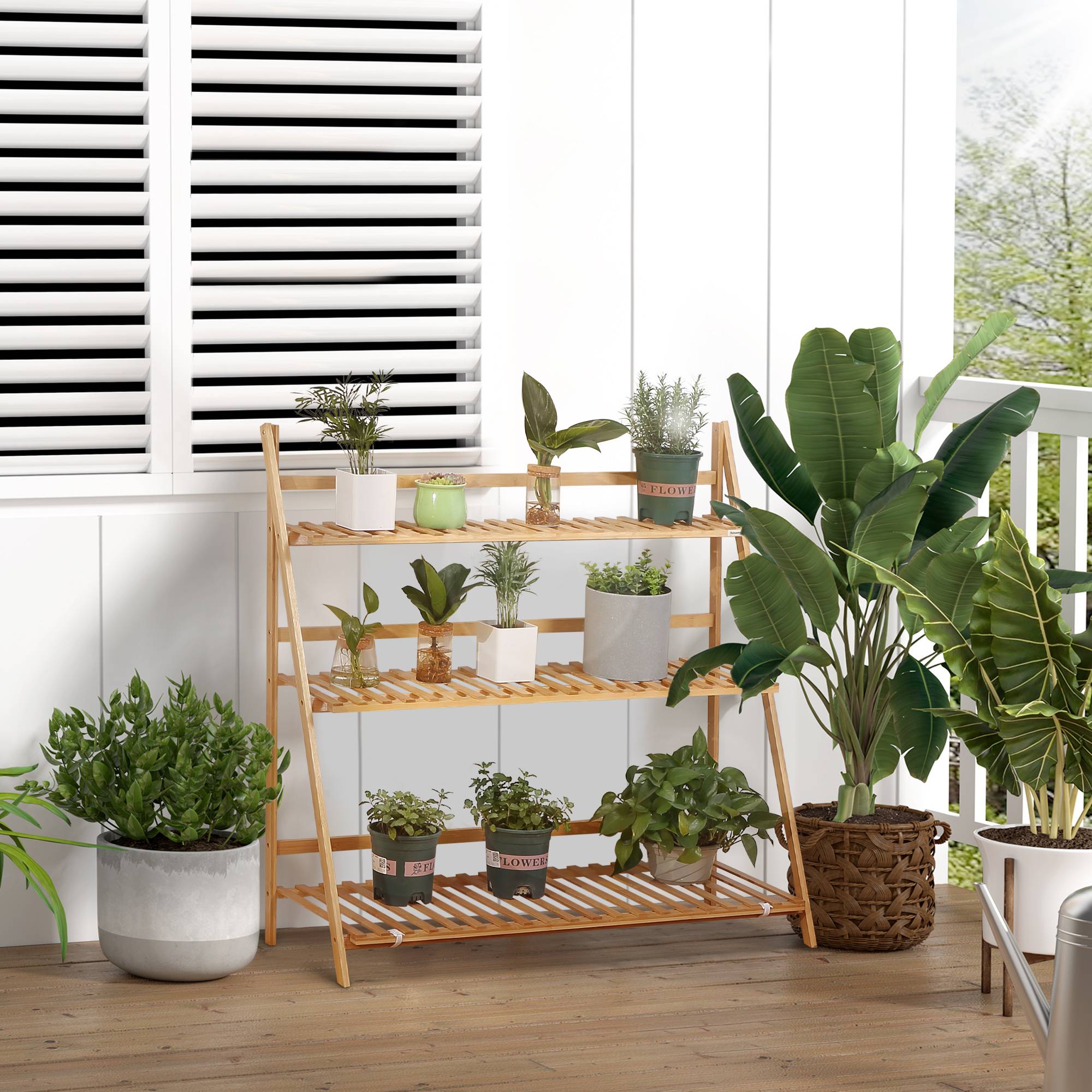 Support en bambou naturel 100x39x97 cm en échelle pour fleurs, pliable, accessoire design sobre pour extérieur pratique et gain de place - Image 3
