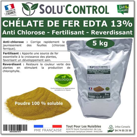 SOLU'CONTROL - Chélate de Fer EDTA 13%, Anti-chlorose, Fertilisant, Reverdissant, 5 kg - Image 1