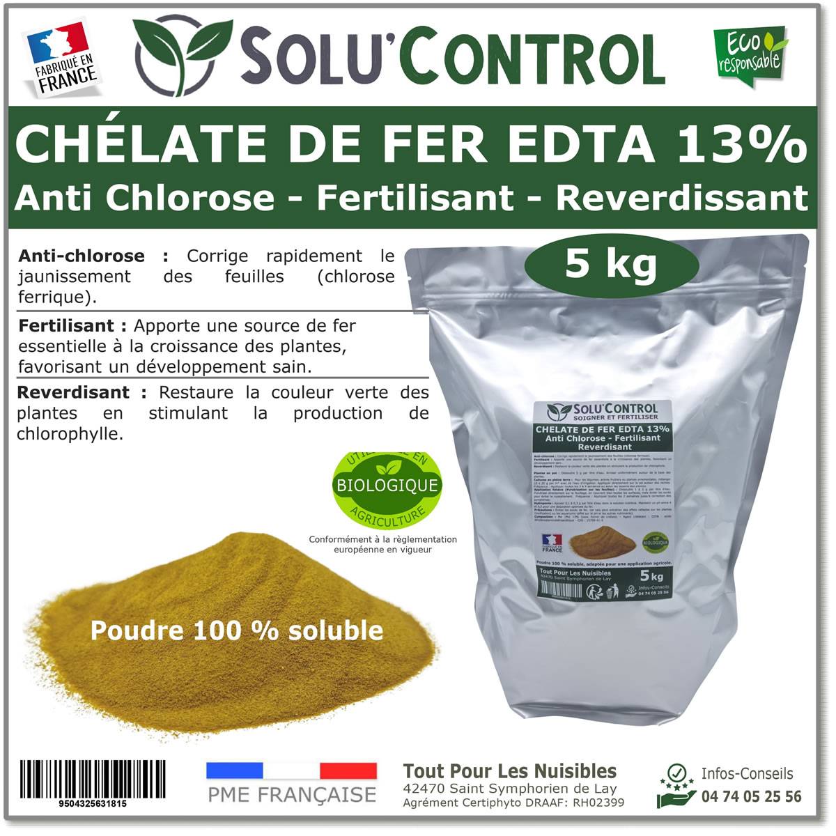 SOLU'CONTROL - Chélate de Fer EDTA 13%, Anti-chlorose, Fertilisant, Reverdissant, 5 kg - Image 1