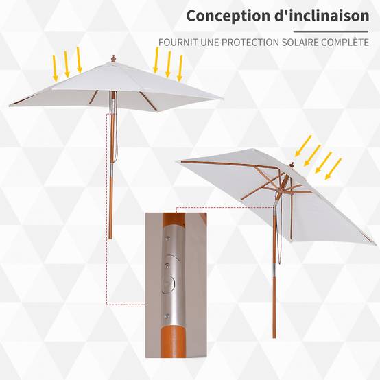 Parasol de jardin extérieur Parasol rectangulaire inclinable - 200x150x235cm Bois Crème fr154 - Image 6