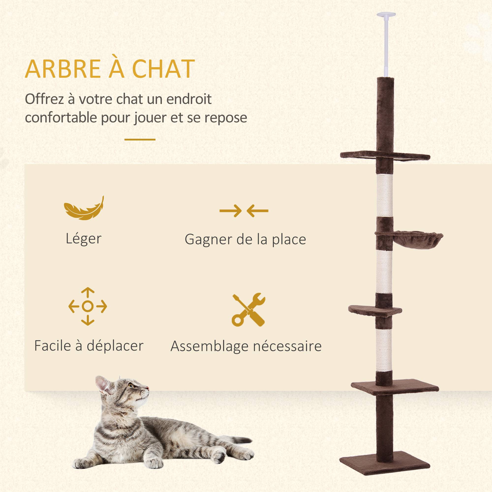 Arbre à grimper plafond particules pour chats 5 niveaux activités 260cm marron - ComfortXL Outdoor Living - Image 5