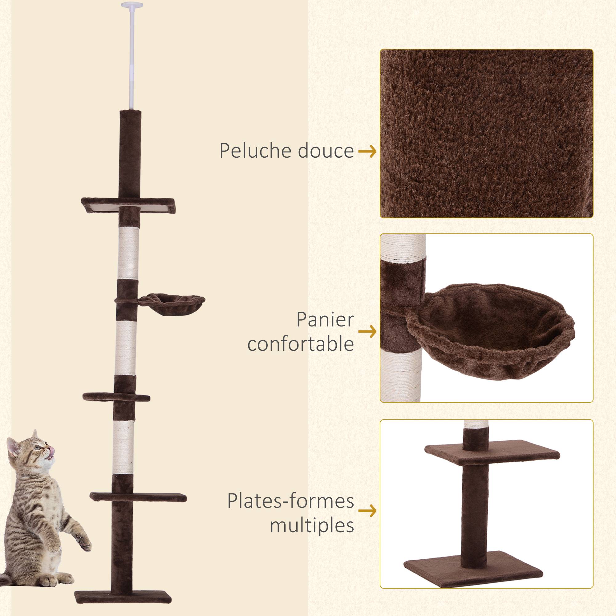 Arbre à grimper plafond particules pour chats 5 niveaux activités 260cm marron - ComfortXL Outdoor Living - Image 7