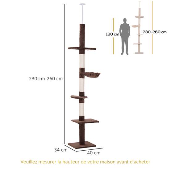 Arbre à grimper plafond particules pour chats 5 niveaux activités 260cm marron - ComfortXL Outdoor Living - Image 4