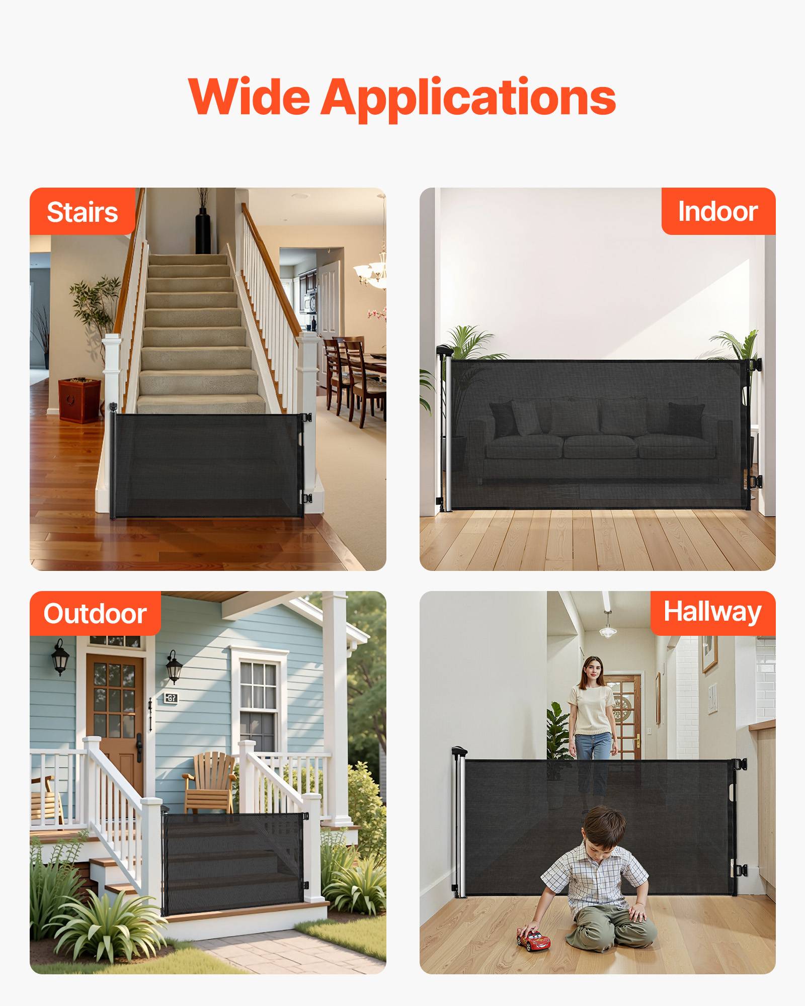 Vevor - VEVOR Barrière de sécurité rétractable 143 x 79,5 cm, filet PVC renforcé, verrou enfant, fixation sans dommage, pour couloir et escalier, noir. - Image 6