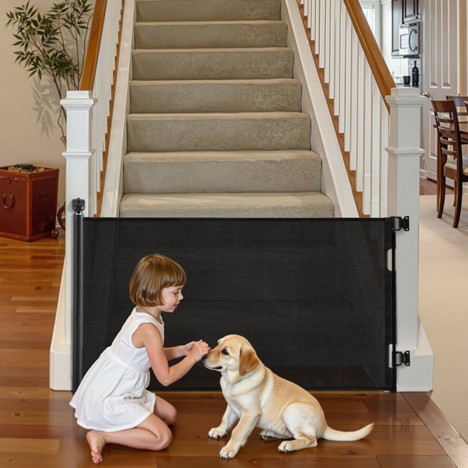 Vevor - VEVOR Barrière de sécurité rétractable 143 x 79,5 cm, filet PVC renforcé, verrou enfant, fixation sans dommage, pour couloir et escalier, noir. - Image 1