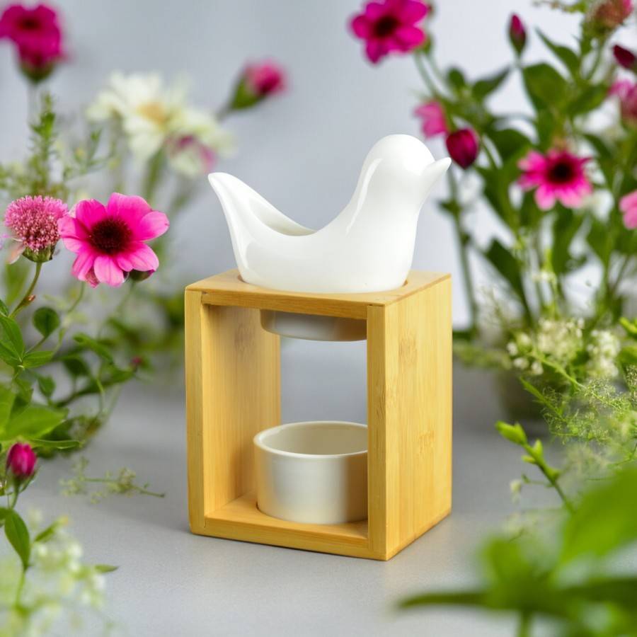 Brûle Parfum Birdy Blanc - Brûleur Fondant Parfumé – Diffuseur Huile Essentielle en céramique et bambou - H 12 cm - Zen'Arôme - Image 8