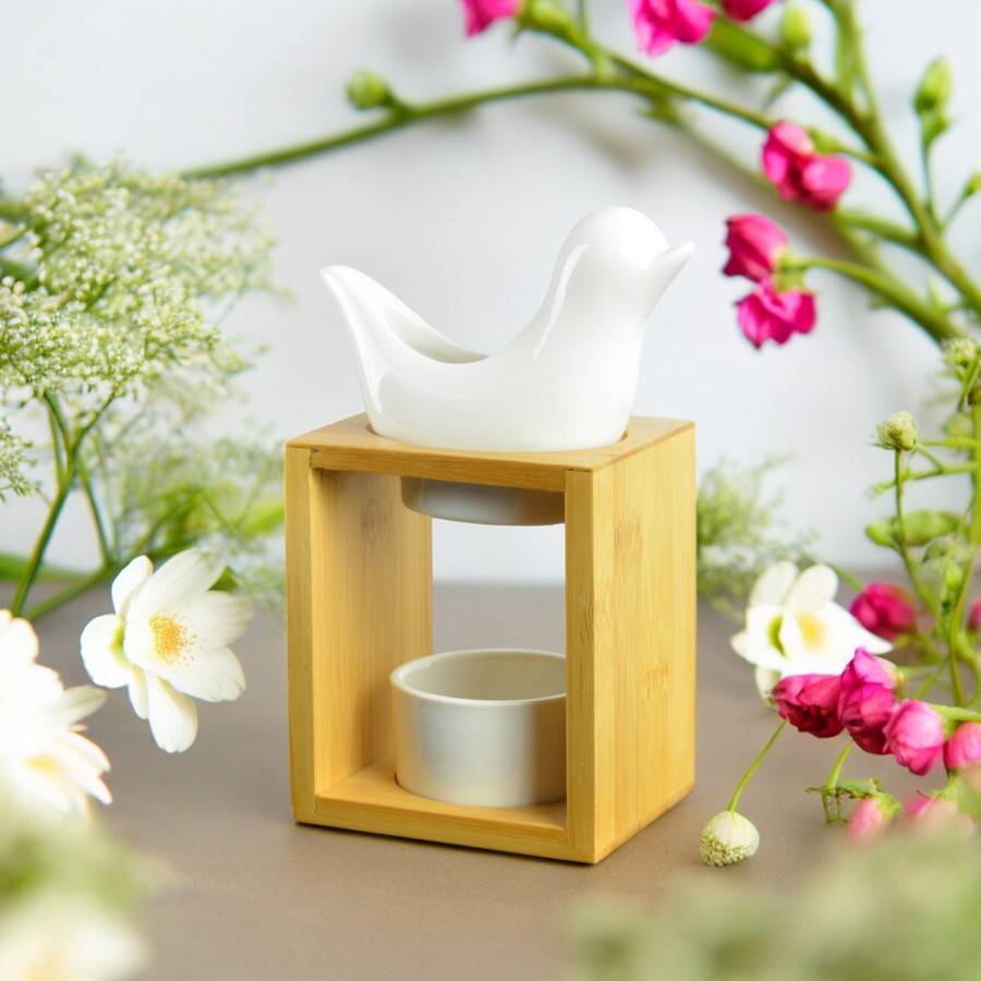 Brûle Parfum Birdy Blanc - Brûleur Fondant Parfumé – Diffuseur Huile Essentielle en céramique et bambou - H 12 cm - Zen'Arôme