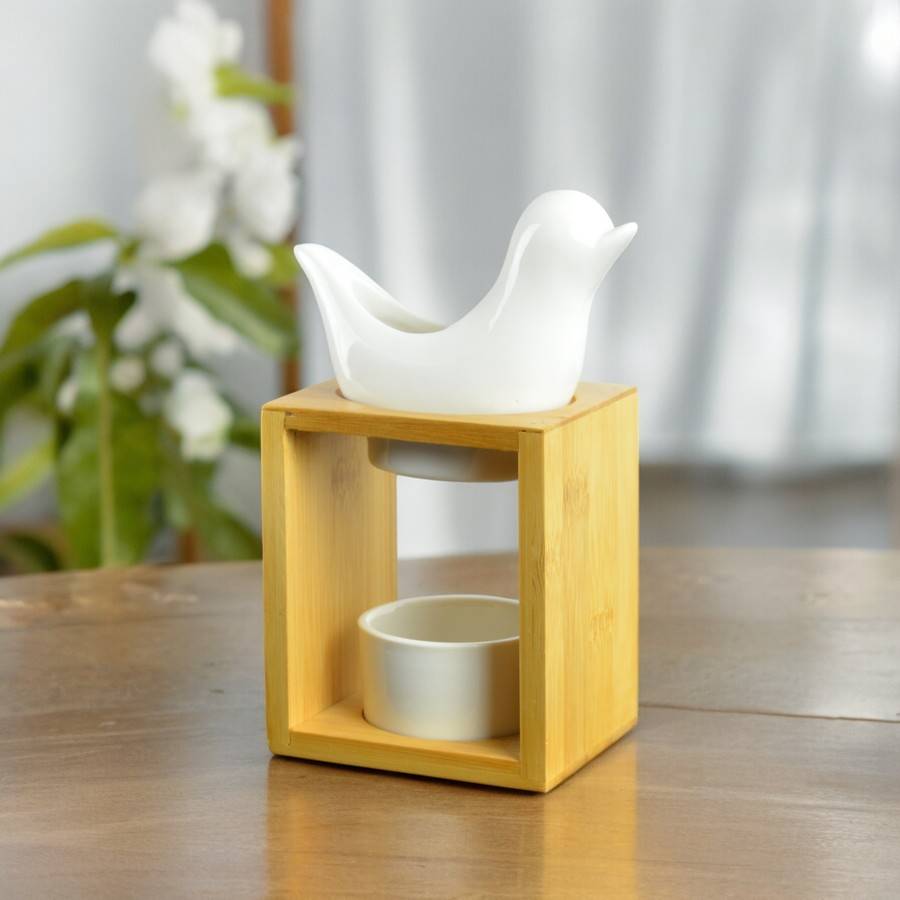 Brûle Parfum Birdy Blanc - Brûleur Fondant Parfumé – Diffuseur Huile Essentielle en céramique et bambou - H 12 cm - Zen'Arôme - Image 4