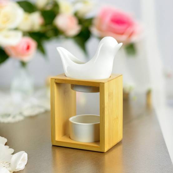 Brûle Parfum Birdy Blanc - Brûleur Fondant Parfumé – Diffuseur Huile Essentielle en céramique et bambou - H 12 cm - Zen'Arôme - Image 7