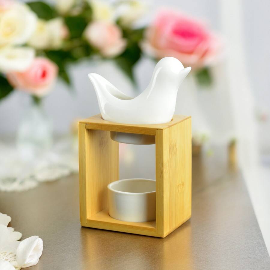 Brûle Parfum Birdy Blanc - Brûleur Fondant Parfumé – Diffuseur Huile Essentielle en céramique et bambou - H 12 cm - Zen'Arôme - Image 7