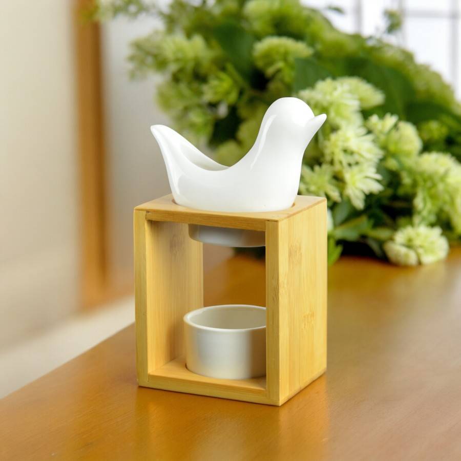 Brûle Parfum Birdy Blanc - Brûleur Fondant Parfumé – Diffuseur Huile Essentielle en céramique et bambou - H 12 cm - Zen'Arôme - Image 5