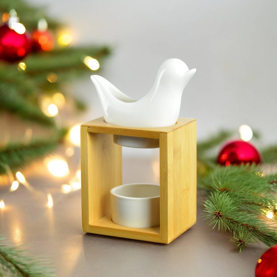 Brûle Parfum Birdy Blanc - Brûleur Fondant Parfumé – Diffuseur Huile Essentielle en céramique et bambou - H 12 cm - Zen'Arôme - Image 6