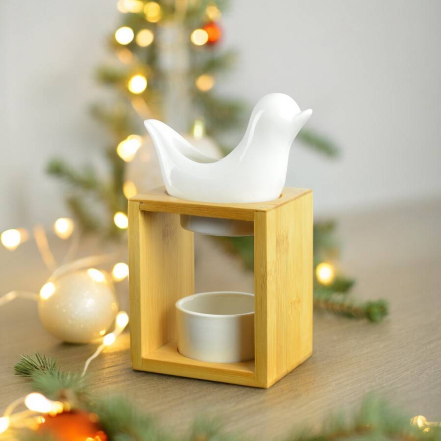 Brûle Parfum Birdy Blanc - Brûleur Fondant Parfumé – Diffuseur Huile Essentielle en céramique et bambou - H 12 cm - Zen'Arôme - Image 3