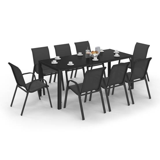 Salon de jardin MADRID table 190 CM et 8 chaises empilables noires - Image 2