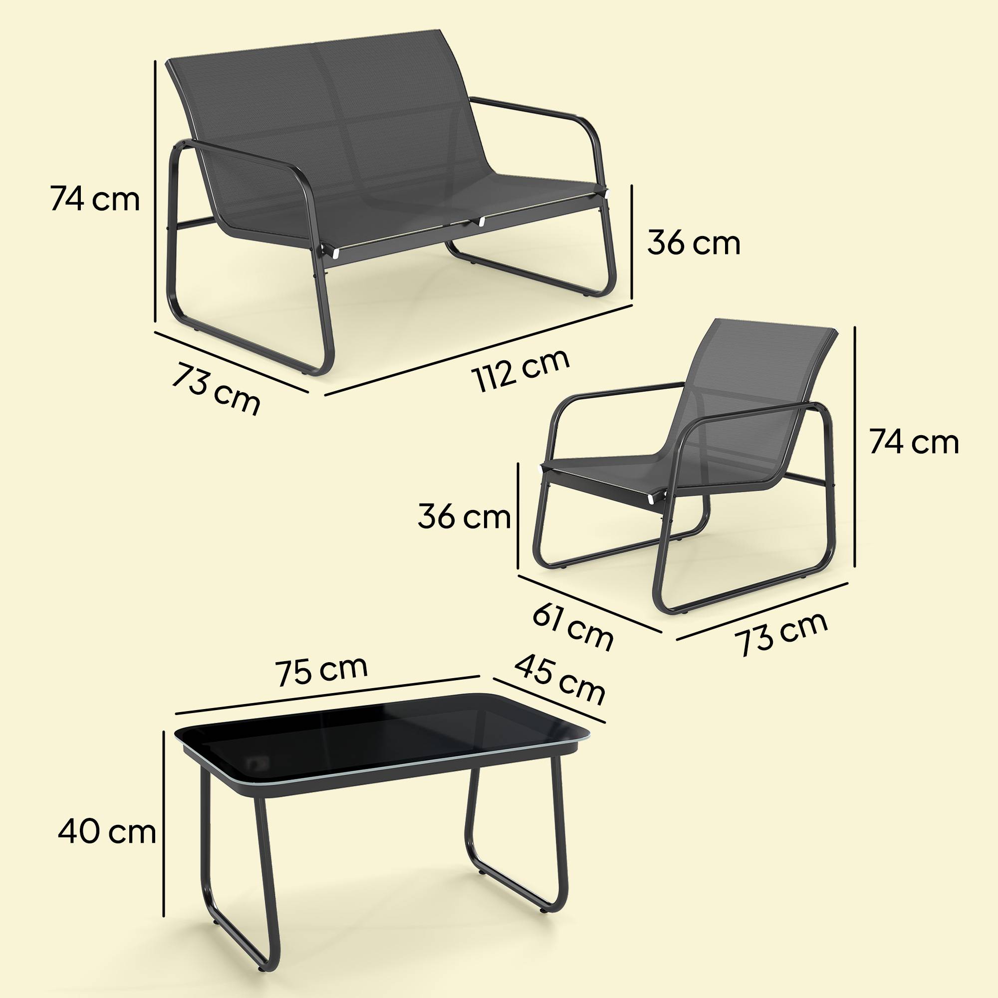 Salon de jardin 4 pièces avec canapé, fauteuils et table basse, gris foncé et noir - Image 5