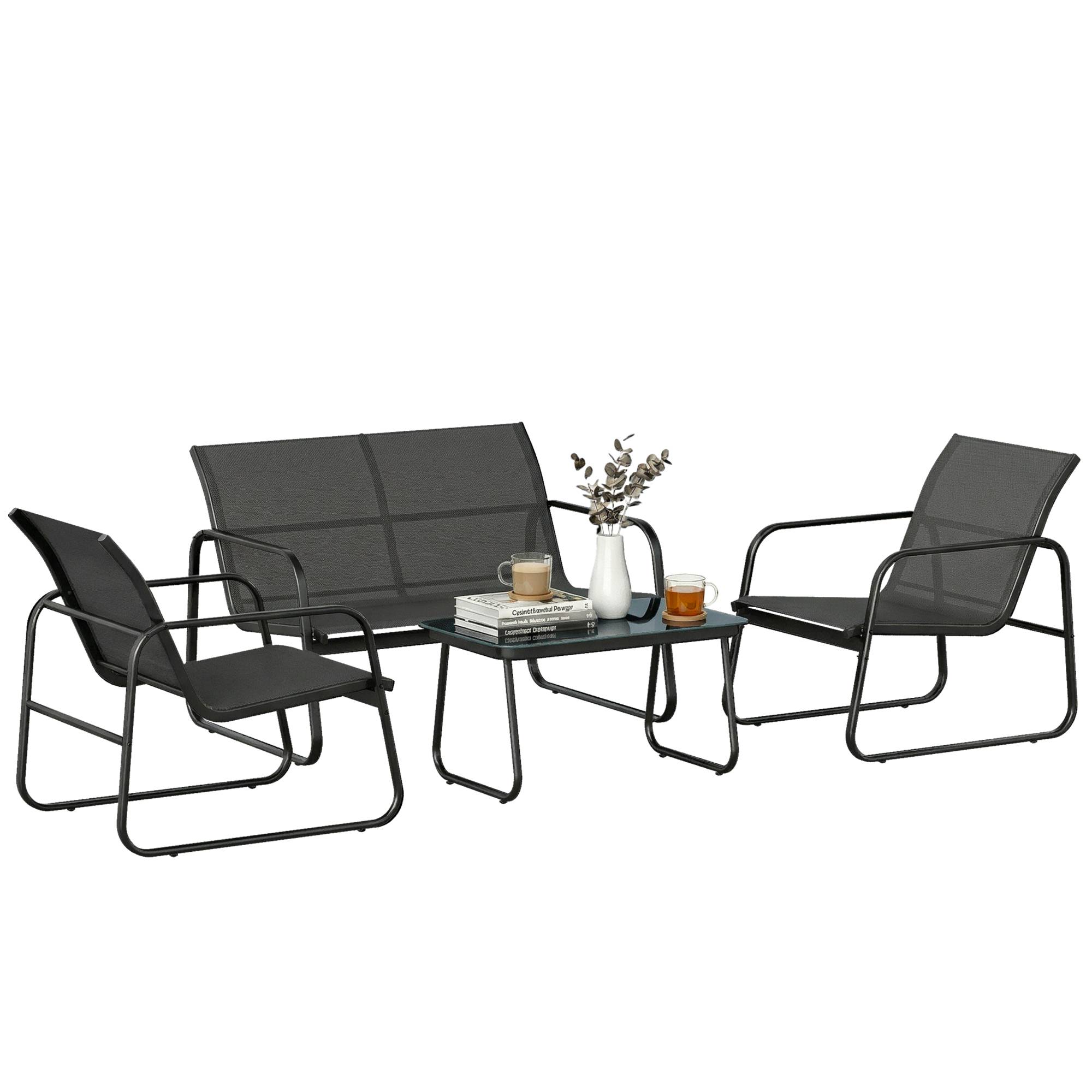 Salon de jardin 4 pièces avec canapé, fauteuils et table basse, gris foncé et noir