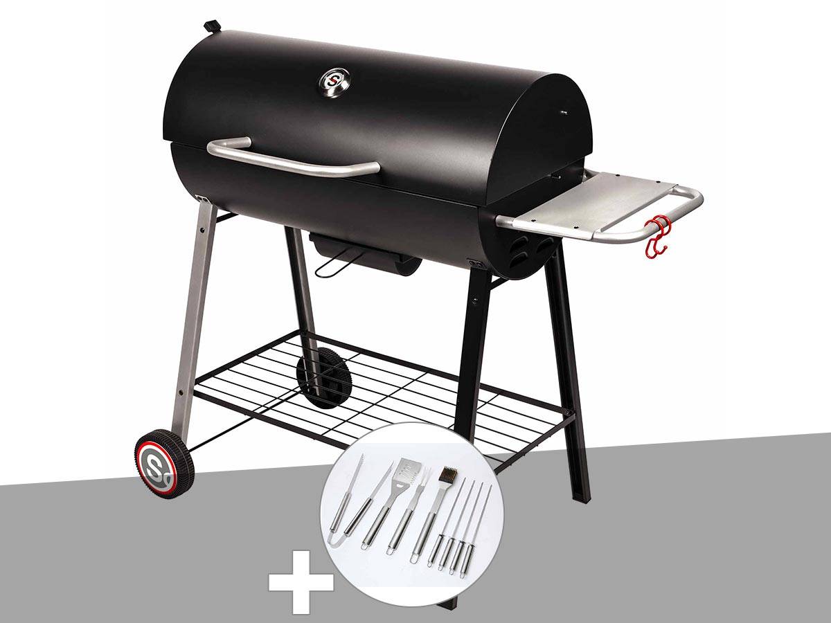Somagic - Barbecue à charbon sur chariot Michigan + Malette de 8 accessoires inox - Somagic