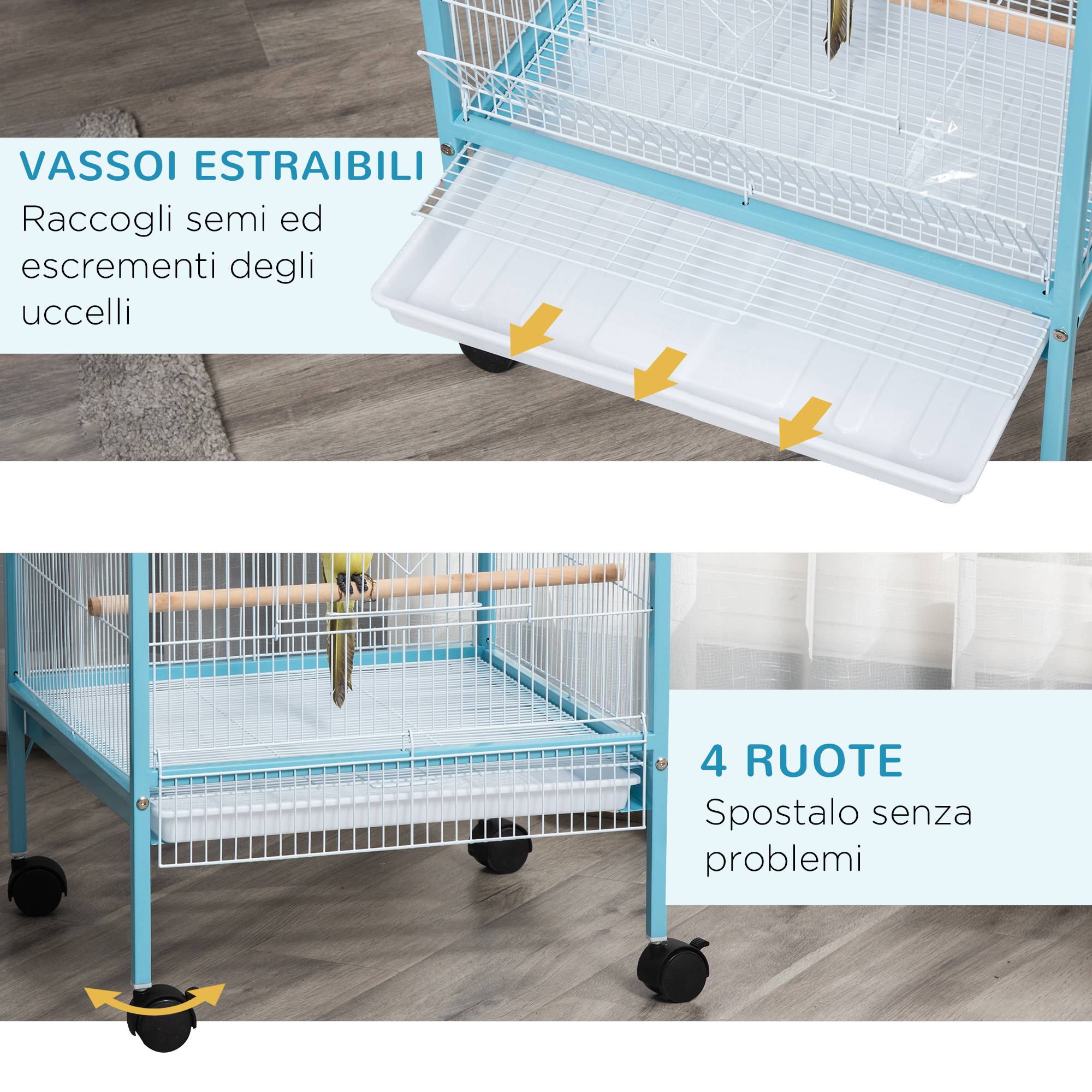 Cage pour oiseaux 2 en 1, volière d'intérieur avec 4 roues et bacs amovibles, 51,5x50x140 cm - Image 8