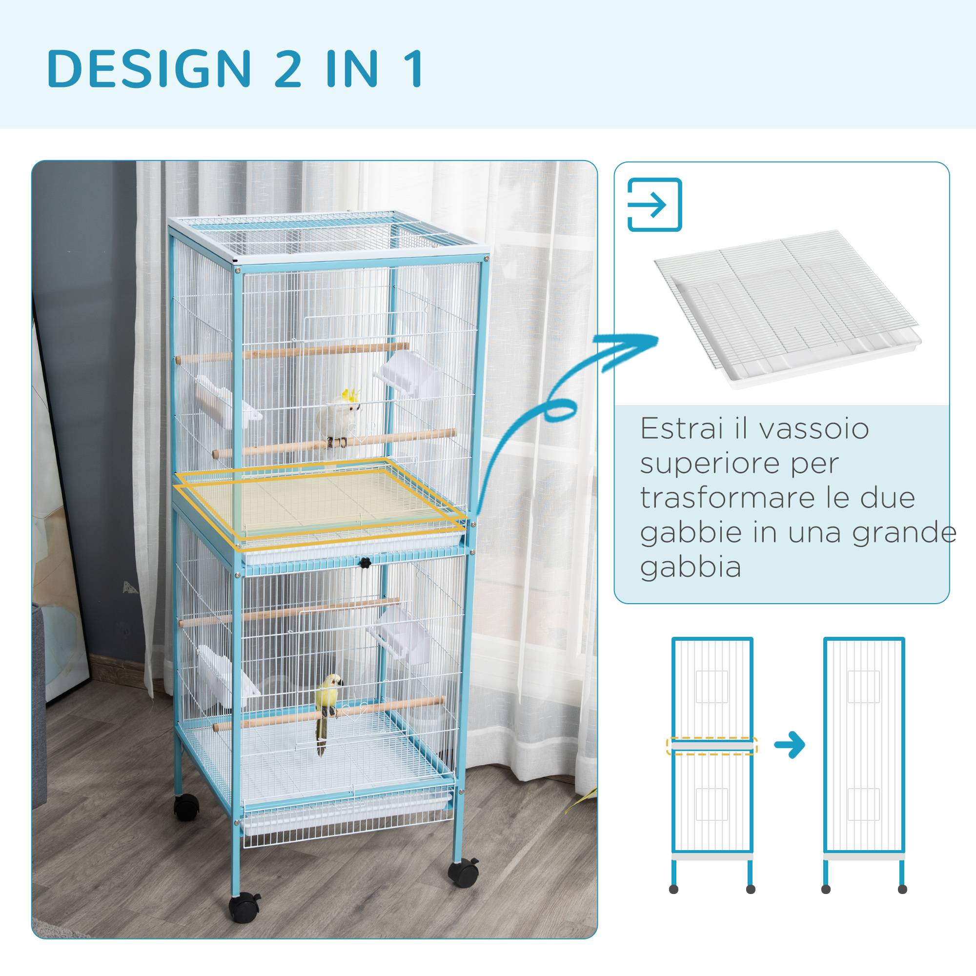Cage pour oiseaux 2 en 1, volière d'intérieur avec 4 roues et bacs amovibles, 51,5x50x140 cm - Image 6