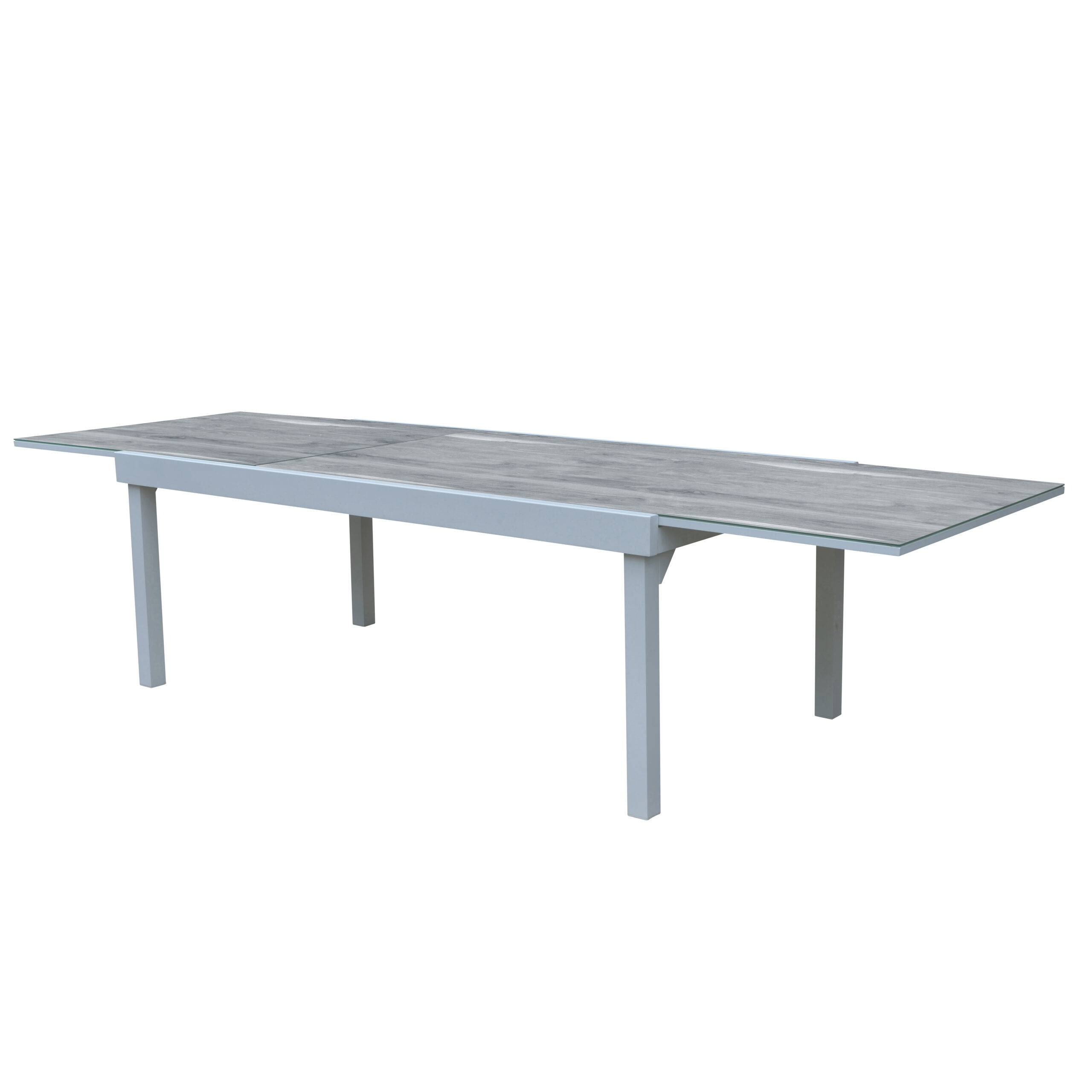 Wilsa Garden - Table Modulo 8/12 personnes structure aluminium blanche, plateau en verre décors bois - Imagen 1