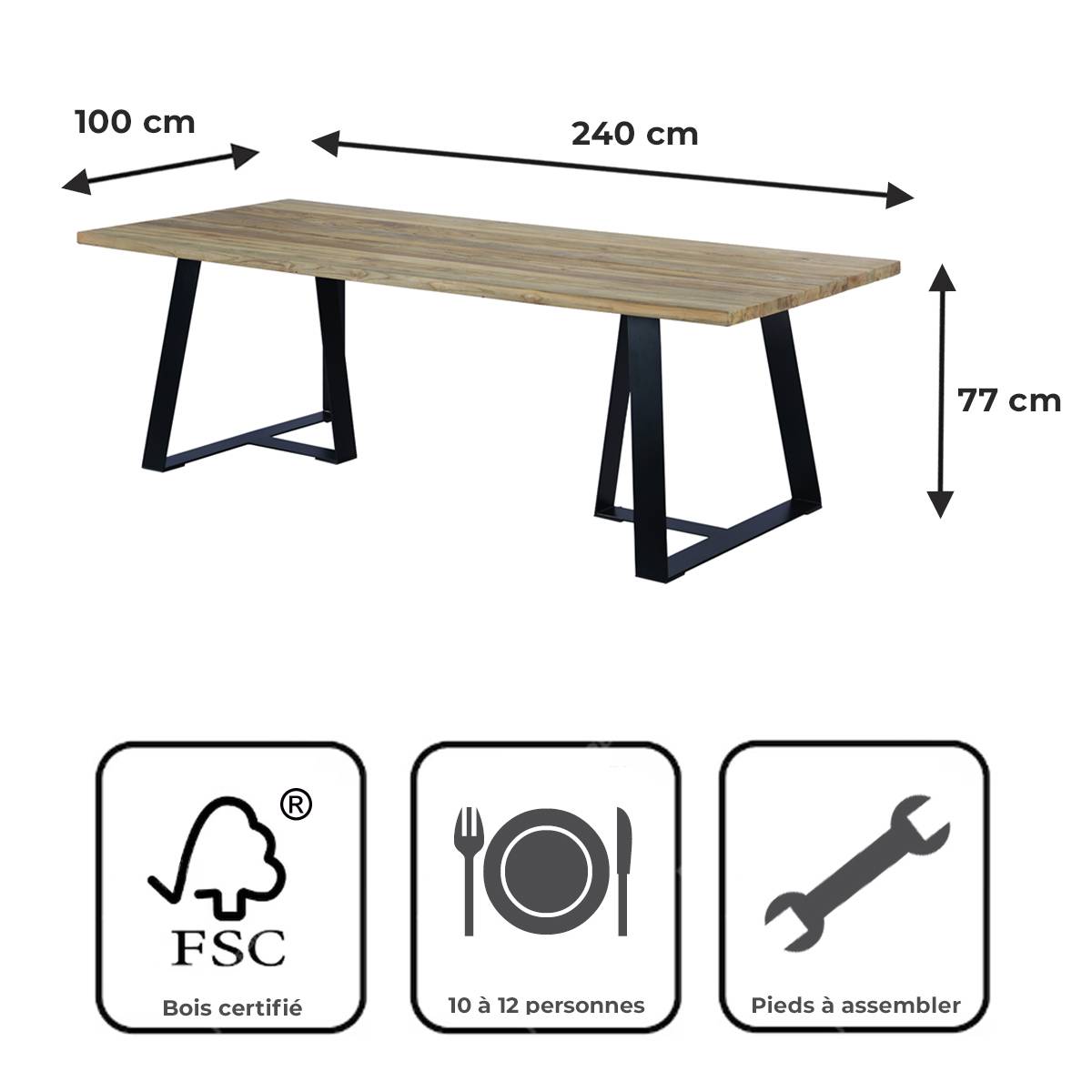 Table métal anthracite et teck recyclé 240 x 100 cm Orsay - Gecko Jardin - Imagen 9